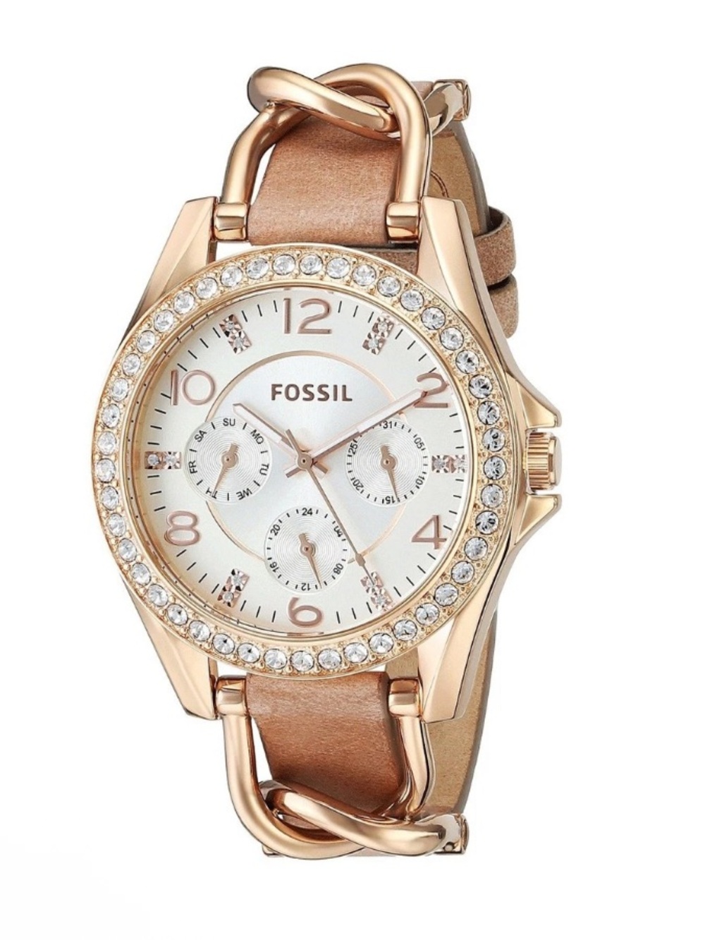 Fossil Rose Gold Tone Crystal Bezel Women's Leather Strap Watch